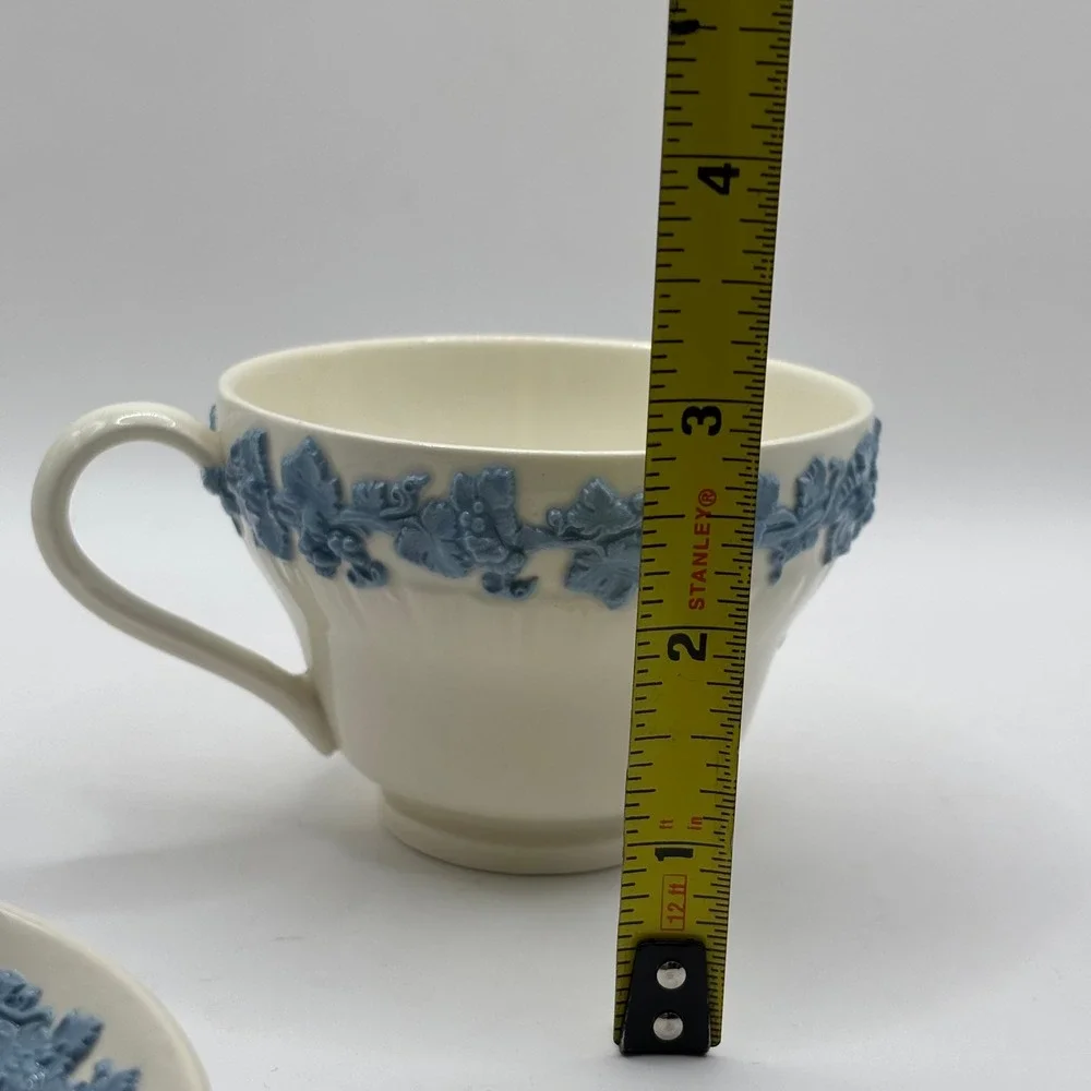 Wedgwood Embossed Queens‎ Ware Tea Cup and Saucer Lavender Blue on Cream England